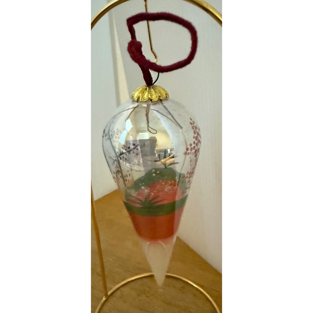 Glass Christmas Holiday Ornament Clear Red Hand Painted Winter Teardrop